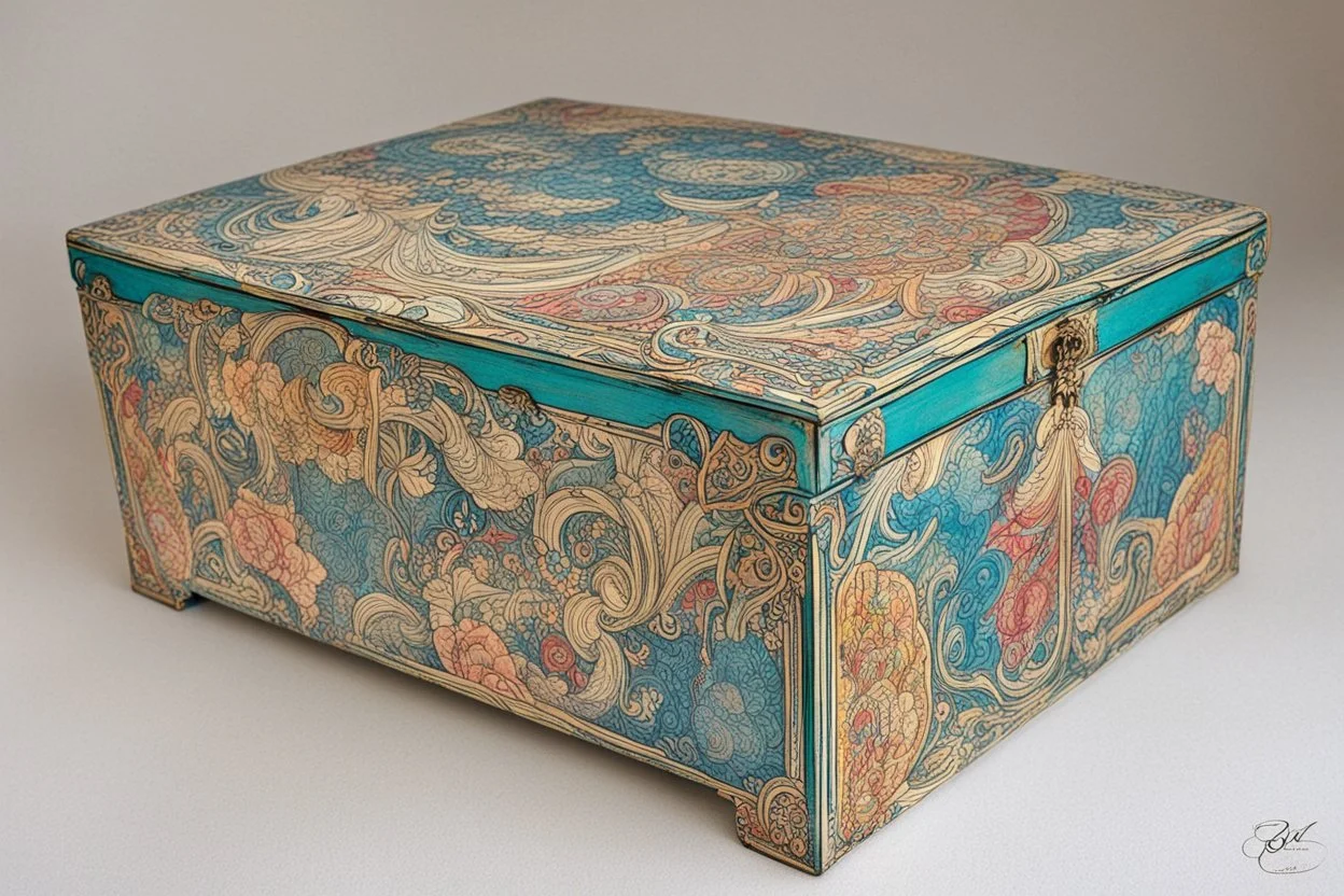 a box for storing things with beautiful drawings a lot of colours, detailed