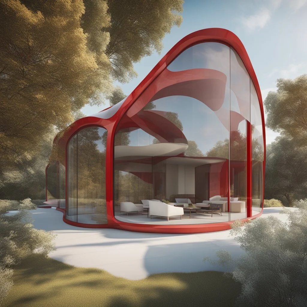 Vista aérea Casa campestre de cristal, estilo Zaha Hadid, ventanas de vidrio, Arte digital, calidad ultra, 8k, 3D, clima de verano, colores amarillo, rojo y blanco