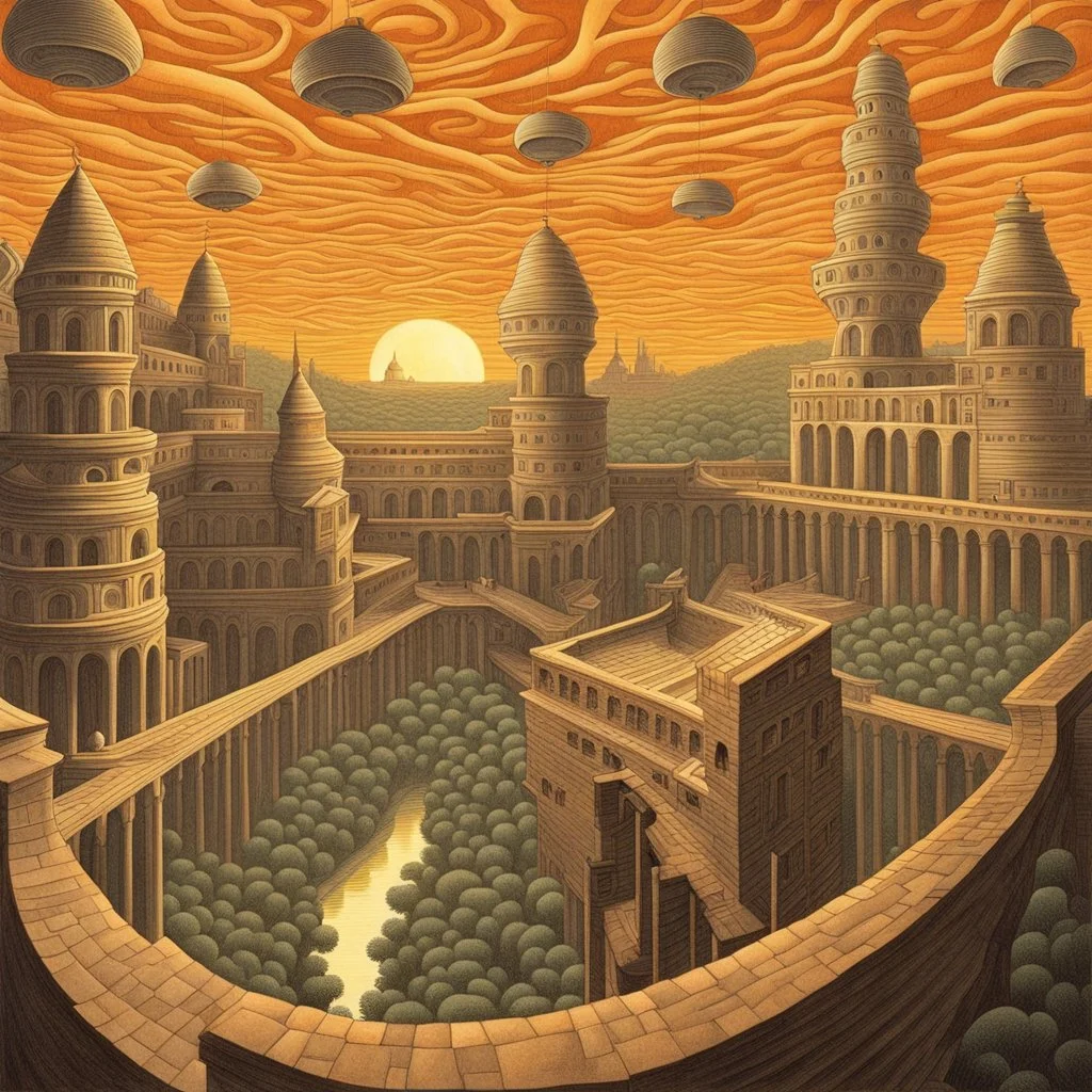 art by "Escher", painting, landscape , Feigned The Palace Beyond Good and Evil, at Dawn, Illustration, Hopeless, 70s Science Fiction, Provia, overly complex style