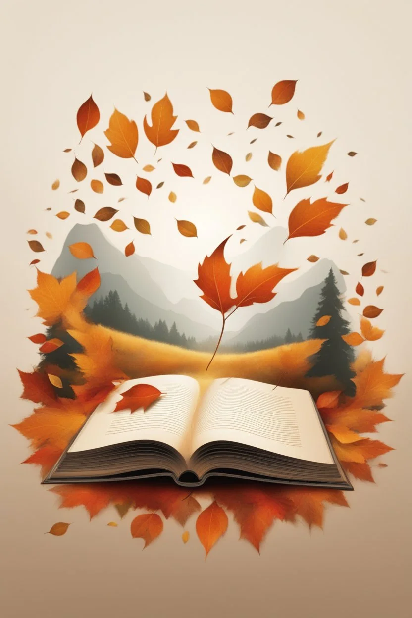 square logo , landscape with leaf fall, flying leaves in the book