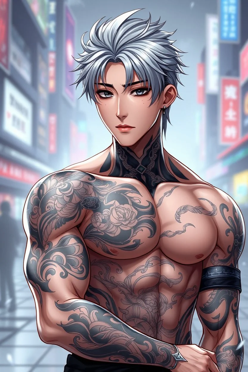3d anime digital illustration from attraktive young korean male character with elaborate detailed warrior tattooed . The character’s muscular build, some ring jewelry, dark silver hair, dark eyes, young korean man with attractive masculine face, shados, pale light, cyber urban background
