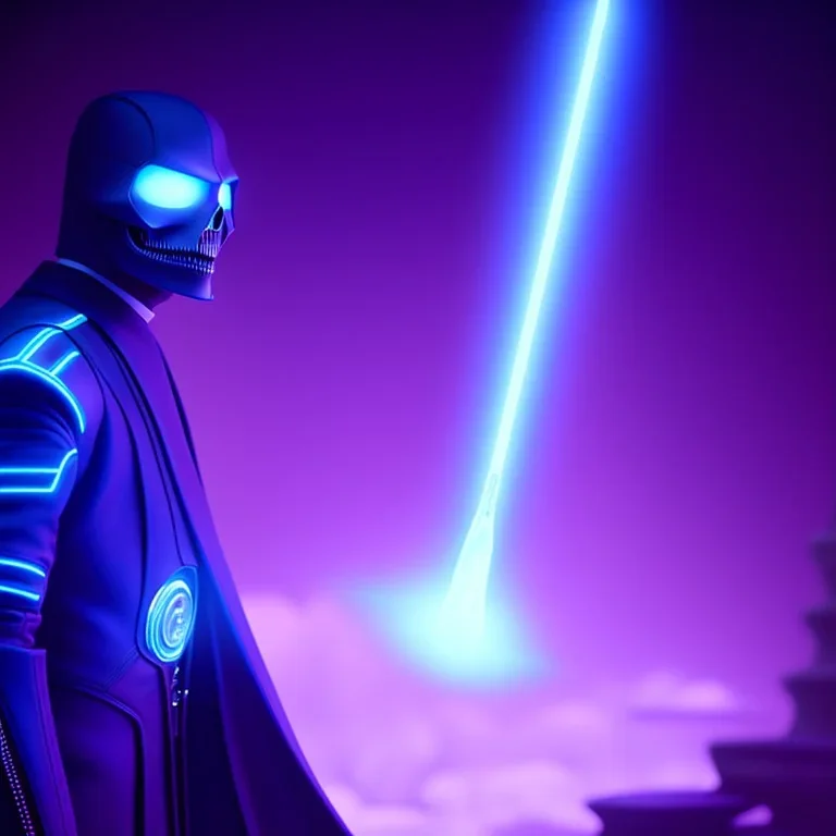 The Grim Reaper in Tron world, discussing the future of the universe, art by Magritte and Pixar