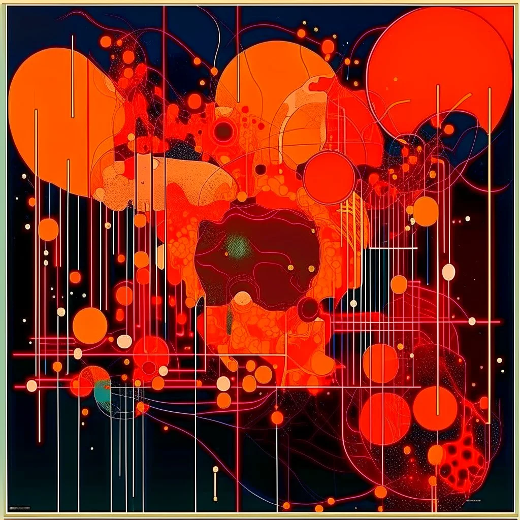 diffused cosmic conspiracies, abstract art, pinpoint light clusters, by Petros Afshar and Victor Pasmore, silkscreened mind-bending abstractist metal etching, asymmetric, cigarette burn textures, violent orange and black colors of differing hues, orange monocolor