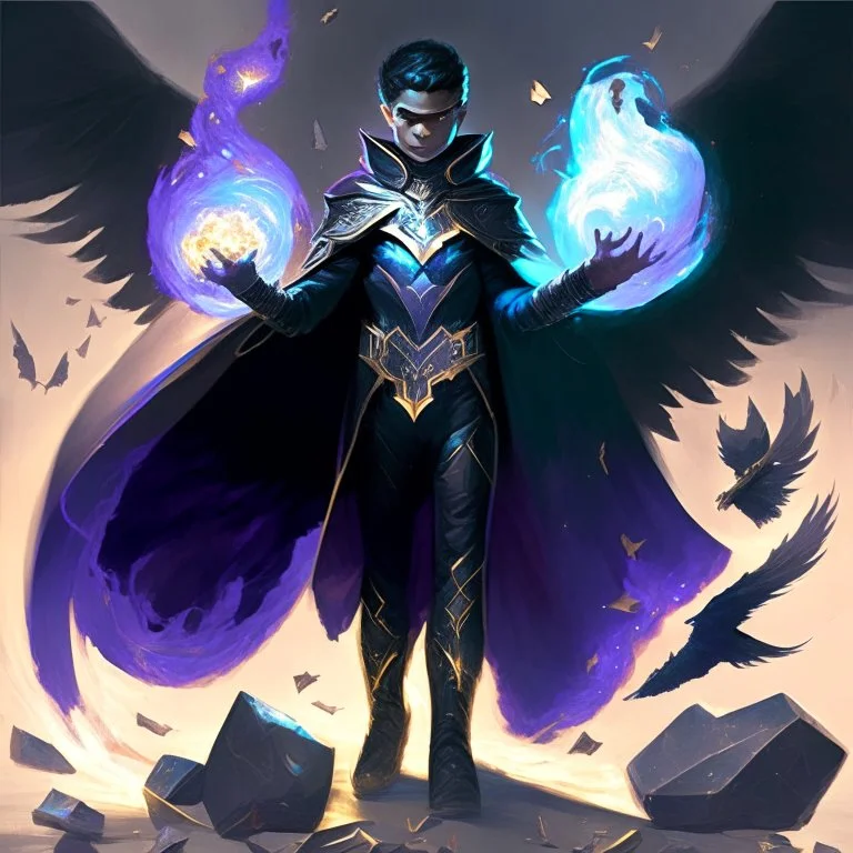 A 25 years boy persian in matte black robes with flaming eyes with grin with flaming light blue pupils stands atop a squire Two infinity gauntlets contain six infinity stones, one of which is made with nano In the hands of a powerful man walking While standing on a majestic height from afar With two big wings