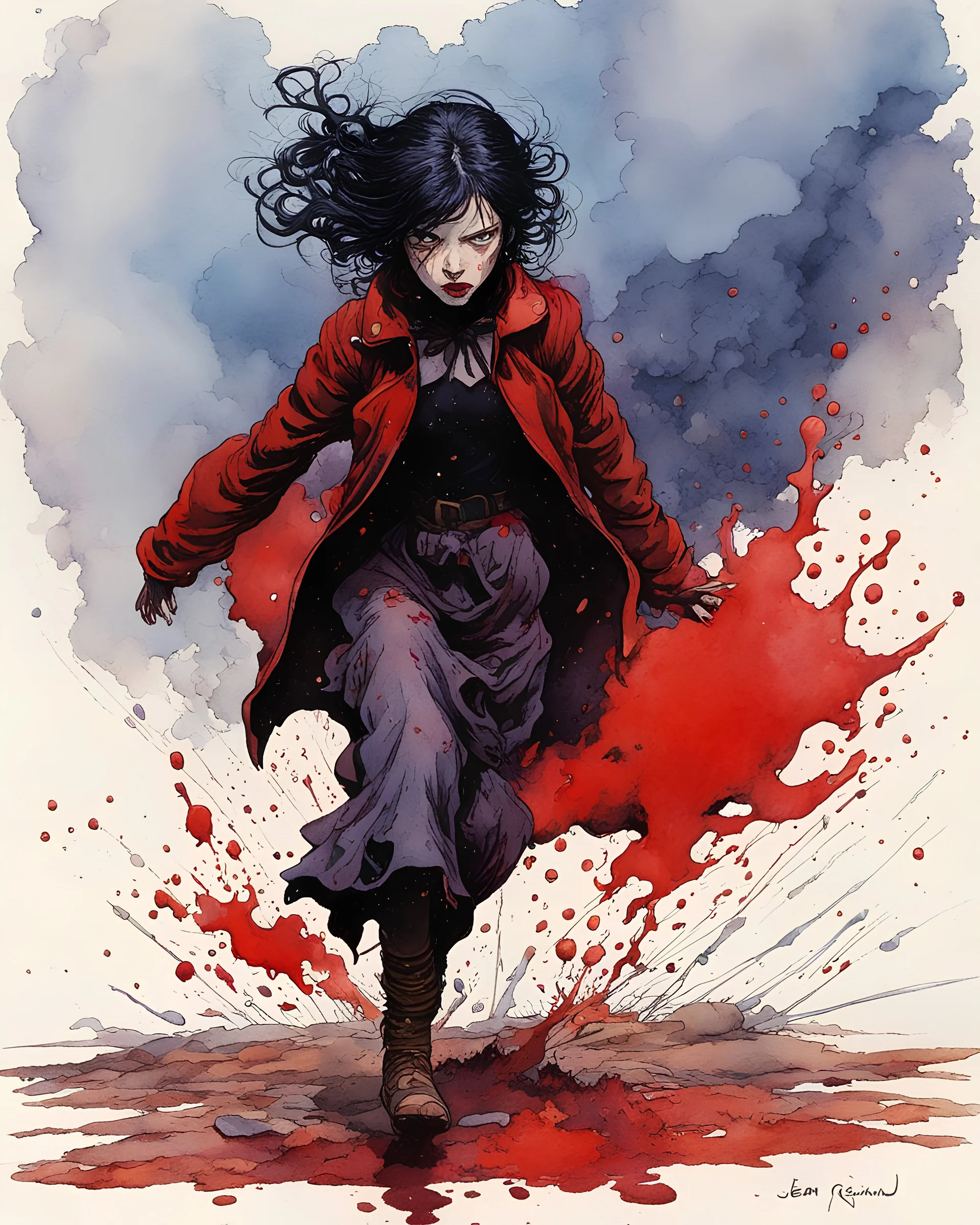 Petit girl goth, run pose, fullbody, splashes blood, behind guts rising from the ground, watercolor illustration by Jean Giraud Moebius, darkred tones,