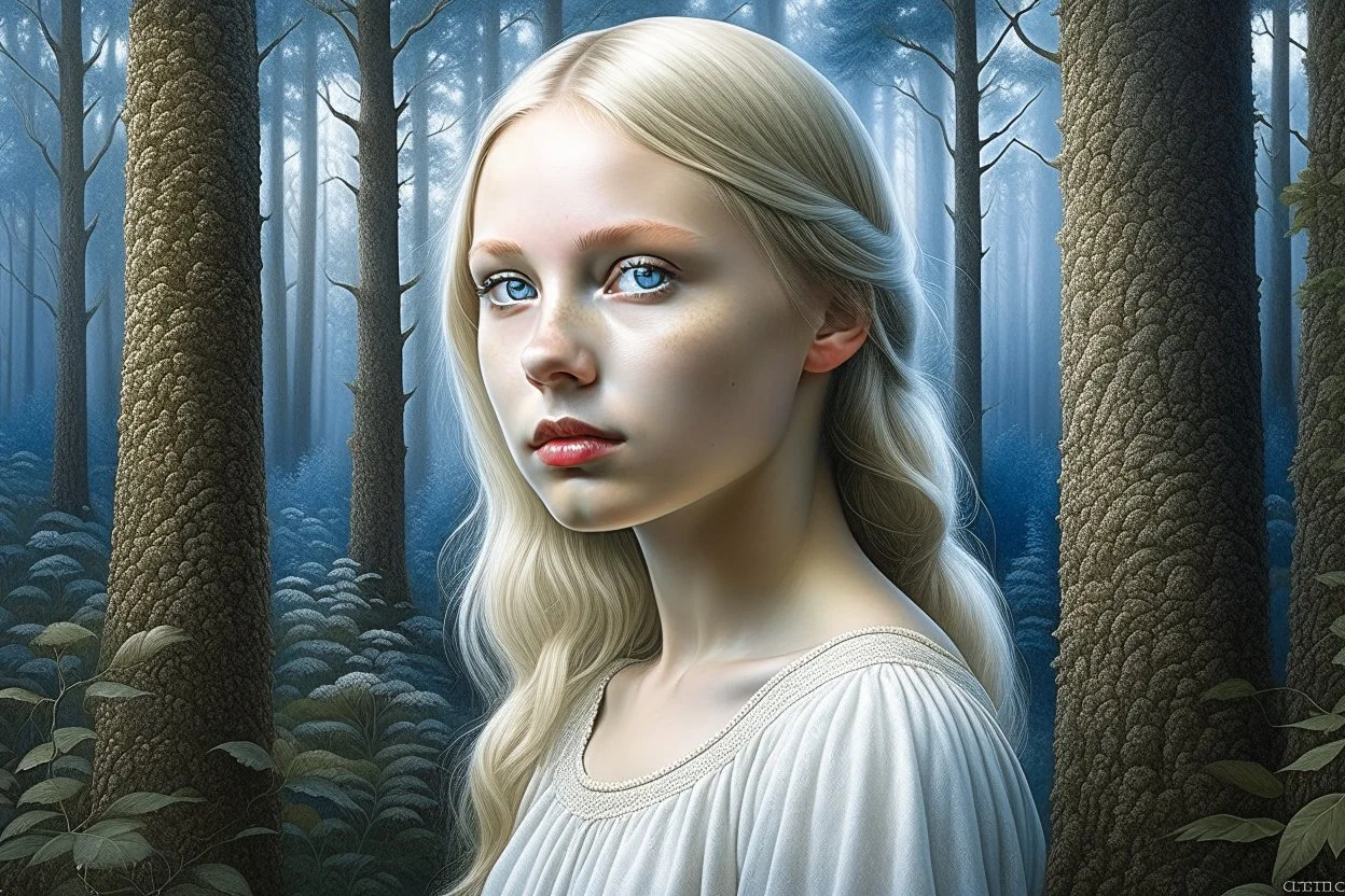 Beautiful blonde girl in a white dress, smooth, highly detailed face, blue eyes, portrait, digital art, aquarelle, watercolor style, background with dark forest, painting, masterpiece, art by john bauer, highly detailed, 8k, high resolution, intricate, jonna jinton