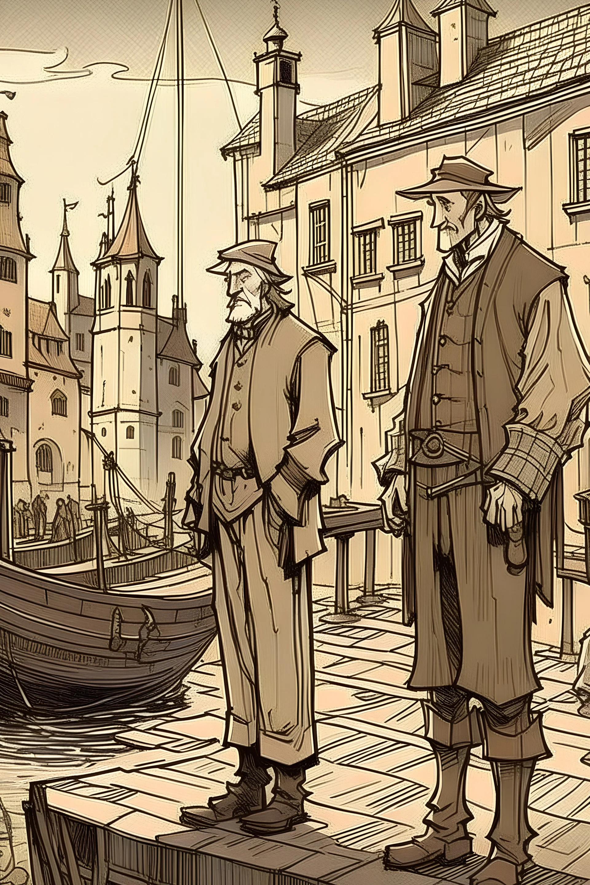 I want a picture that looks like it was hand-drawn of a fisherman standing with a rich man in an old city