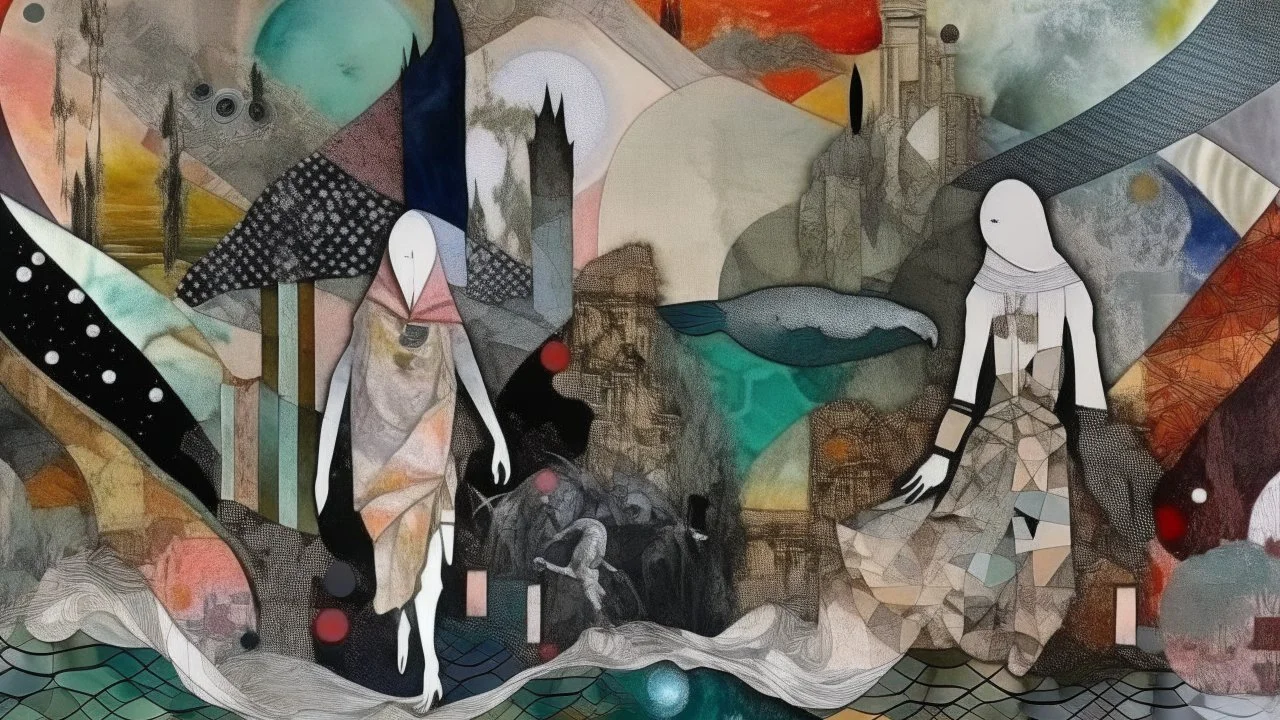 A fabric collage featuring ethereal figures in a surreal setting, with abstract backgrounds and rich textures