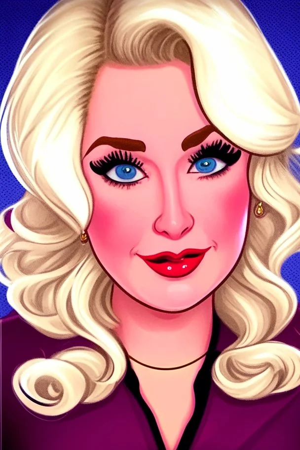 cartoon portrait of a very feminine, sexy European stewardess lady with long blonde hair and strong makeup, big smoky eyes, pouty inviting pink lips and large golden earrings