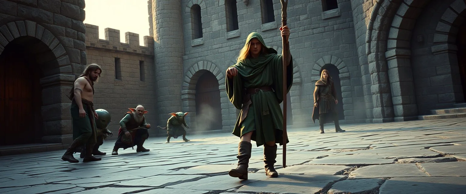 integrated_multimodal_description: [Shot 6] An eight-second cinematic fantasy scene in an ancient stone courtyard of a Forgotten Realms castle, late afternoon. Begin with a low wide establishing shot moving slowly forward toward a young wizard in a weathered green cloak and his adventuring companions, a rugged barbarian and cautious ranger. Two goblins approach in the background. The camera gently arcs around the wizard as he raises his staff and confidently begins a summoning spell. Cut to a ti