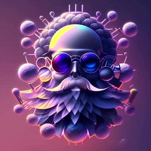 bearded man head with feathers, spheres, cubes, gears, clocks, engine parts, exhaust pipes, fur, peacock feathers, mechanism, in the style of Android Jones, gradient, bioluminescent, rococo, photorealistic, intricate details, 8k, purple and gold, digital painting, top light, illustration, trending on artstation