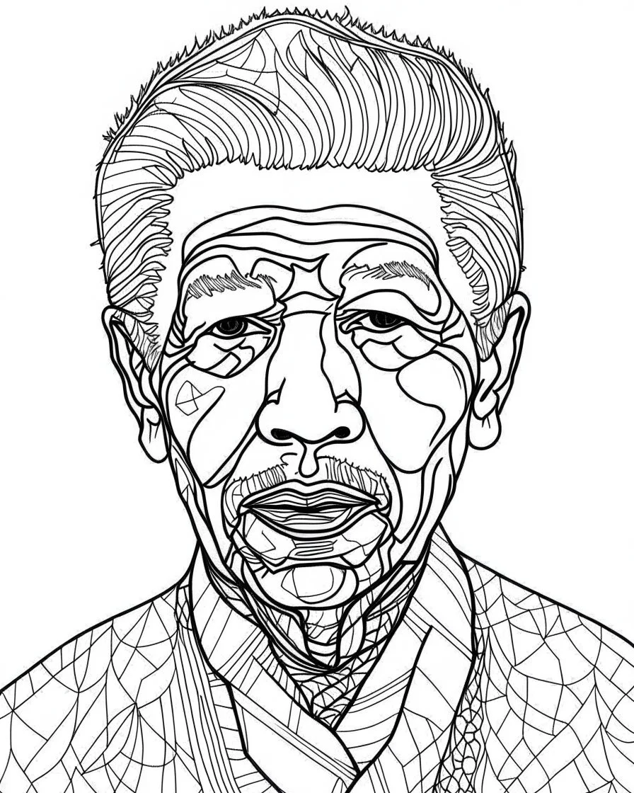 create and image of Nelson Mandela, simple line art, one line, white background, coloring book style, well composed, no gradient, strong line, no fill, no solids, hand drawn