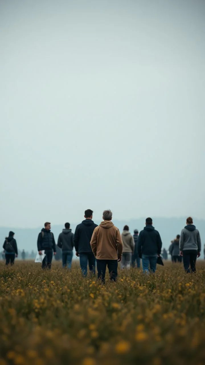 A field of random people at the end of the picture gray background an object in a cinematic, 8k