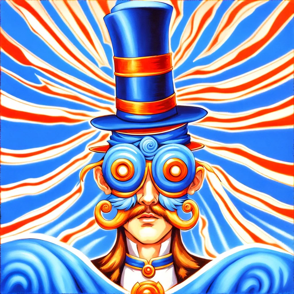 90's fantasy tcg art of a top hat man with a spiral mask in a blue circus