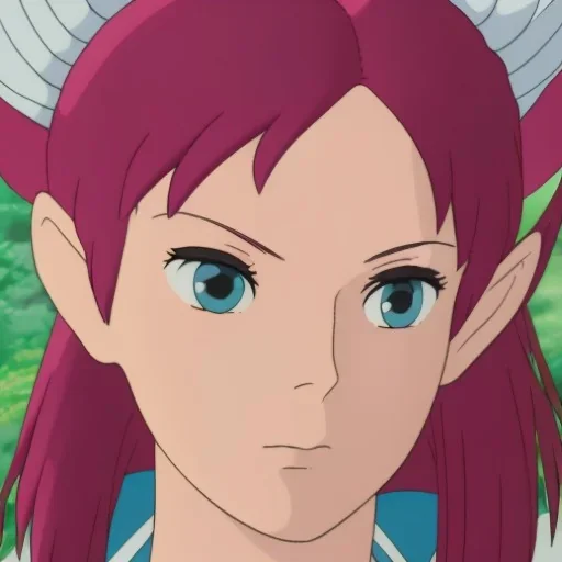 An elf, with crystal blue eyes, and magenta hair, teardrop shaped eyebrows, woman, angry expression