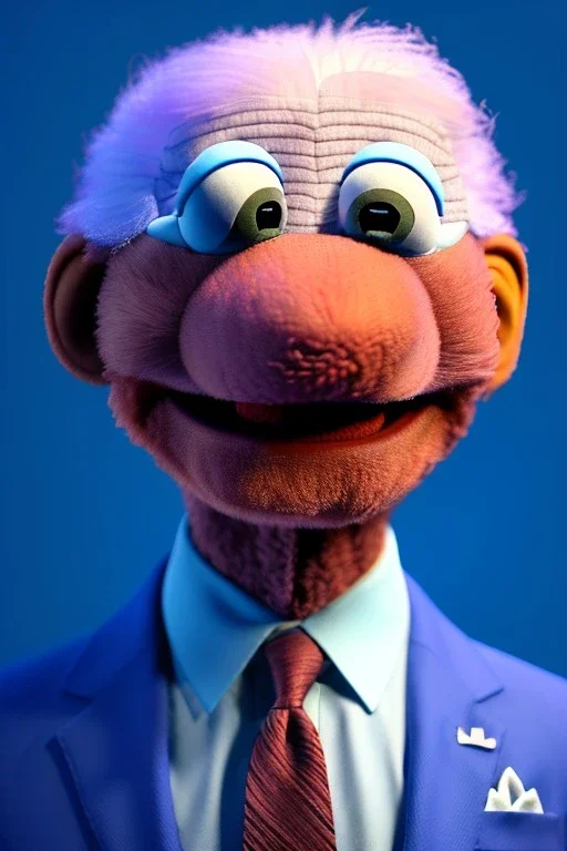 Waist up muppet Portrait, joe Biden as muppet doll, Blue suit, photo studio, blue background, unreal engine 5, concept art, art station, god lights, ray tracing, RTX, lumen lighting, ultra detail, volumetric lighting, 3d.