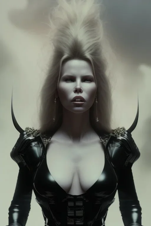 Kim Basinger in black leather gown, evil,energetic, villain, busty, cleavage, curvy, angry, happy, stern look. character design by cory loftis, fenghua zhong, ryohei hase, ismail inceoglu and ruan jia. unreal engine 5, artistic lighting, highly detailed, photorealistic, fantasy