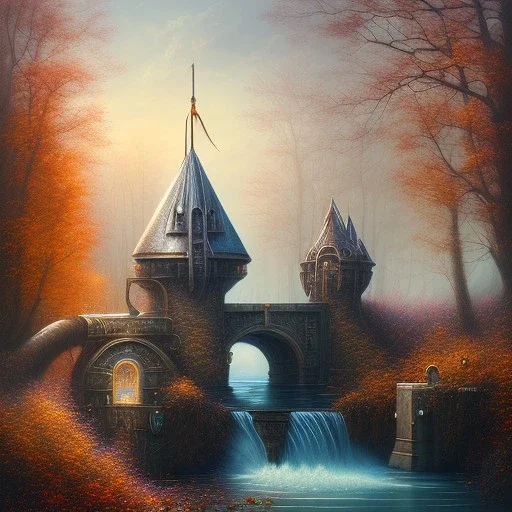 spray painted fantasy art, photorealism, book illustration,upper body of a realistic hooded high priestess, big sword in stone ,white furniture by a dam ,autumn water, evening