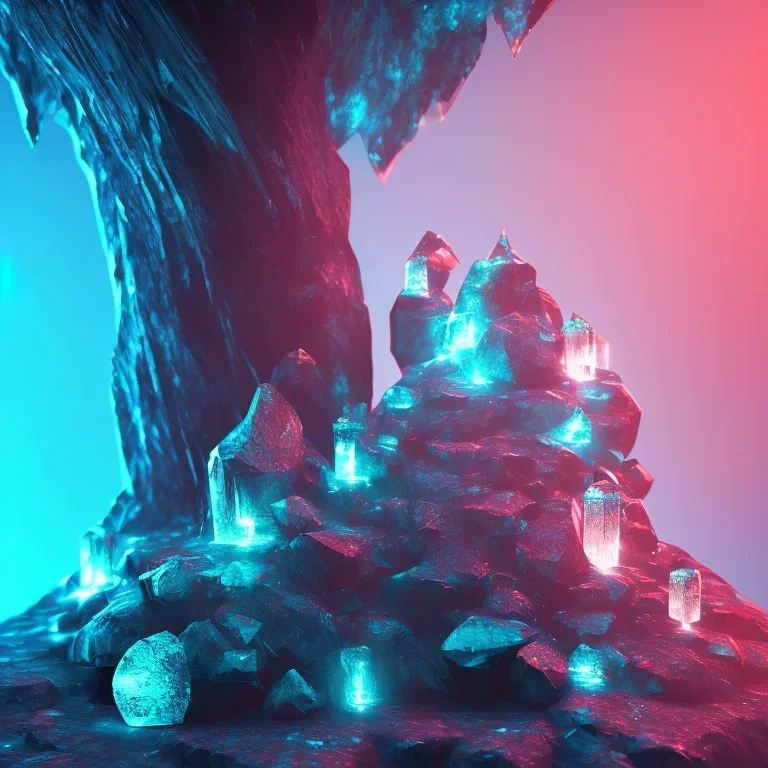 transparent crystal, on an altar in a foggy cave, cinematic,turqoise, bright light colors