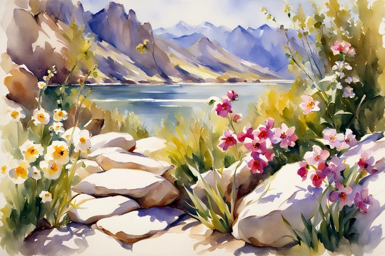 Sunny day, rocks, flowers, spring, mountains, epic, john singer sargent watercolor paintings