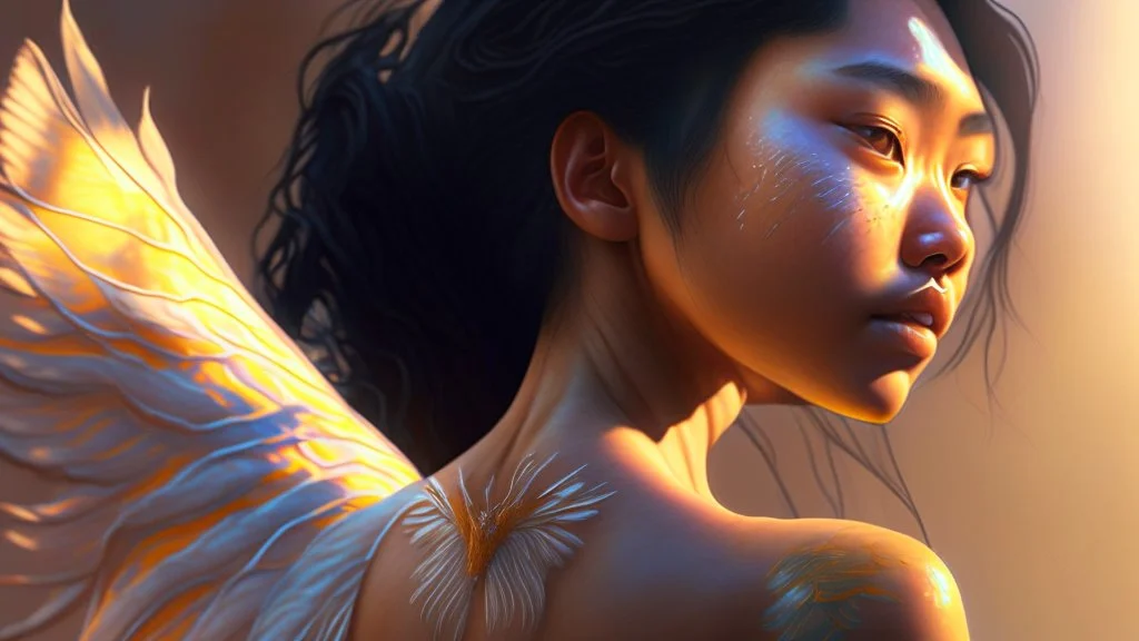 beautyfull asiatic woman, art by kiera malone , concept art modern photorealistic, in the style of , Artstation, sunlight, Unreal Engine sharp fine details trending on artstation reflections 4k ultra realistic post-processing A detailed illustration of a beautiful young female human with growing out of her back. Her skin, hair and face are all made of paint. Her wings are spread. Front view. Highly detailed flawless facial features and eyes. Abstract Oil painting splash art. White ba