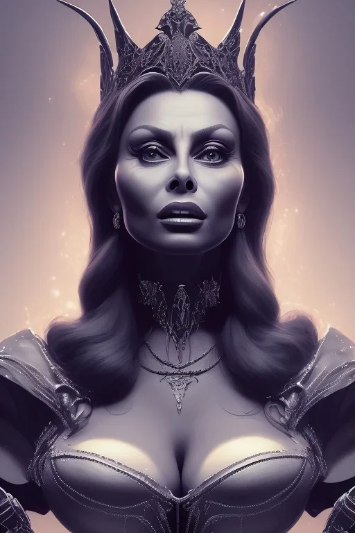 Sophia Loren as evil queen in black leather, cleavage, angry, stern look. character design by cory loftis, fenghua zhong, ryohei hase, ismail inceoglu and ruan jia. unreal engine 5, artistic lighting, highly detailed, photorealistic, fantasy