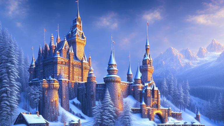 large castle in the snowy mountains