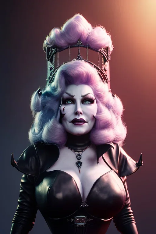 Mae West as evil queen in black leather, leather, busty, cleavage, angry, stern look. character design by cory loftis, fenghua zhong, ryohei hase, ismail inceoglu and ruan jia. unreal engine 5, artistic lighting, highly detailed, photorealistic, fantasy