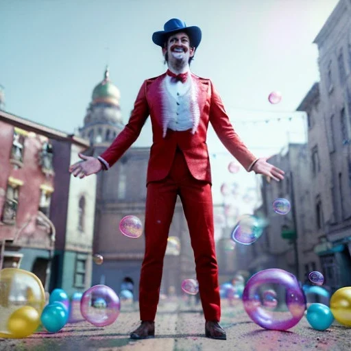 Ultra realistic circus scene. dancer man, waist up view, Wes Anderson style, happy, bubbles, party, confeti, highly detailed, concept art, unreal engine 5, god rays, ray tracing, RTX, lumen lighting, ultra detail, volumetric lighting, 3d, finely drawn, high definition, high resolution.