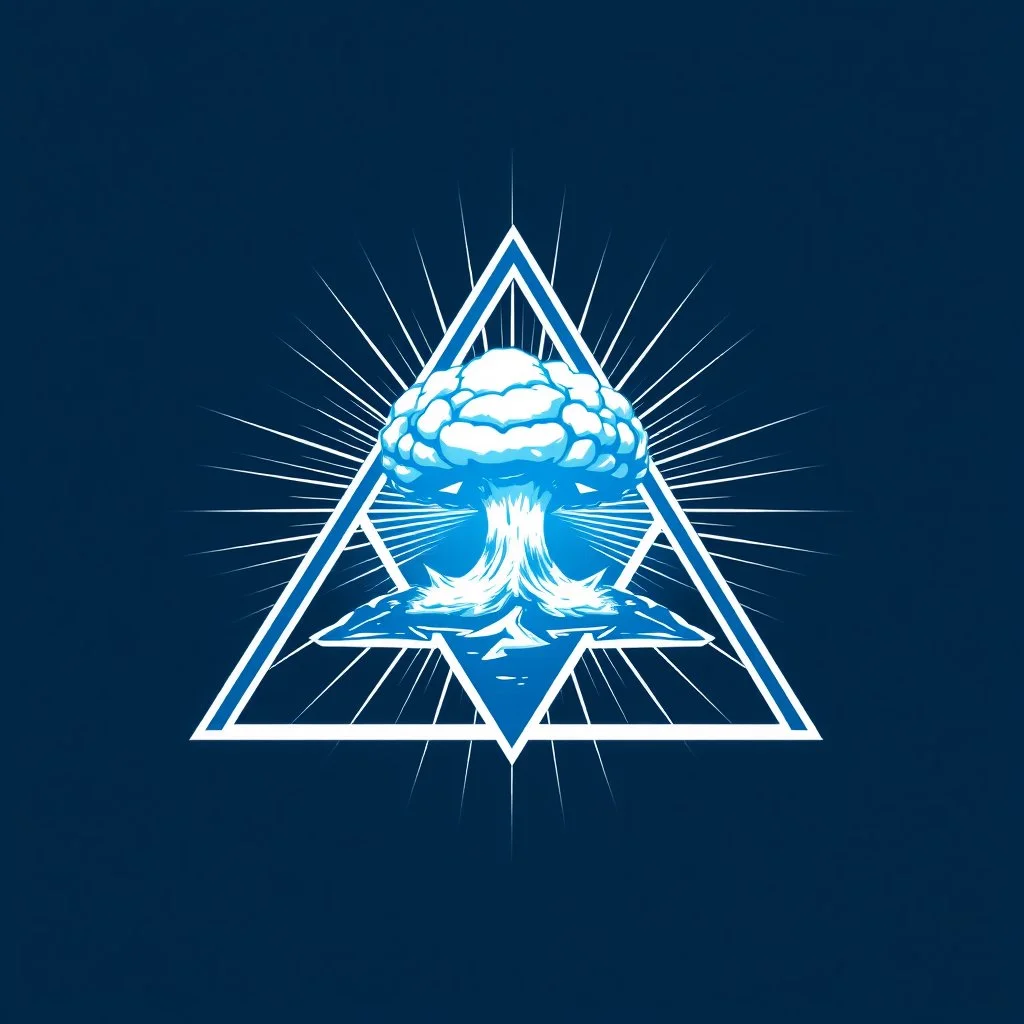 a blue nuclear explosion mushroom cloud inside an equilateral triangle, radiant lines, vector logo
