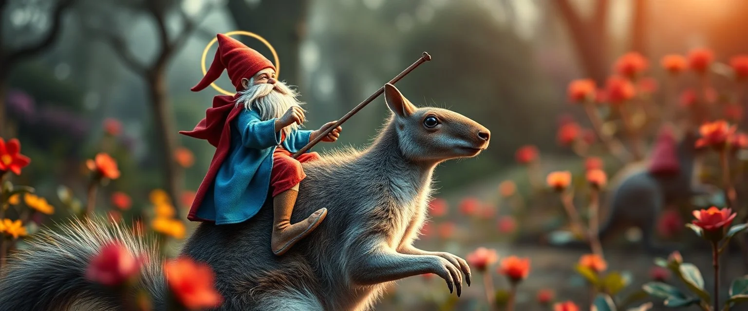 depth of field, halo, close up on blue and red clothed gnome riding kangaroo squirrel with lance in garden of eden in the style of Escher and Giger