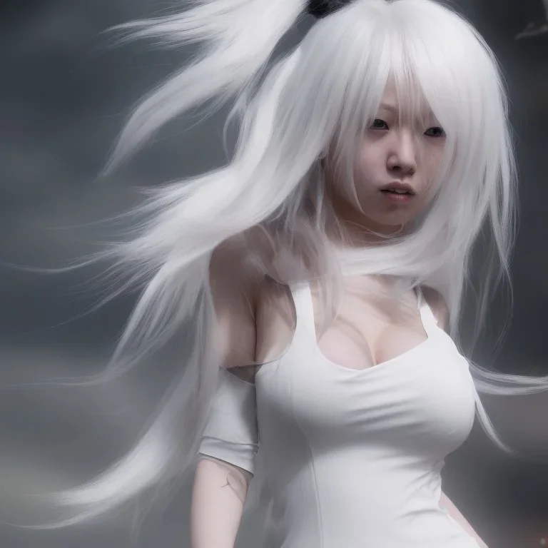 hitomi tanaka, dress white, long black hair, realistic, intriacte detail, sci-fi fantasy style, volumetric lighting, particales,highly detailed,cinamatic, deep colours,8k