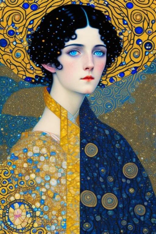 young black haired blue eyed wizard in the style of klimt