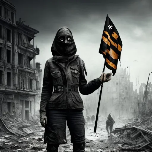 women, faces covered in black masks, ragged clothes, holding flag, realistic, Life Magazine photgraphy, war-torn, destroyed city in the background, 8k resolution, hyperrealistic, detailed matte painting, b&w, dynamic lighting, war, anarchy, rebels, terrorists