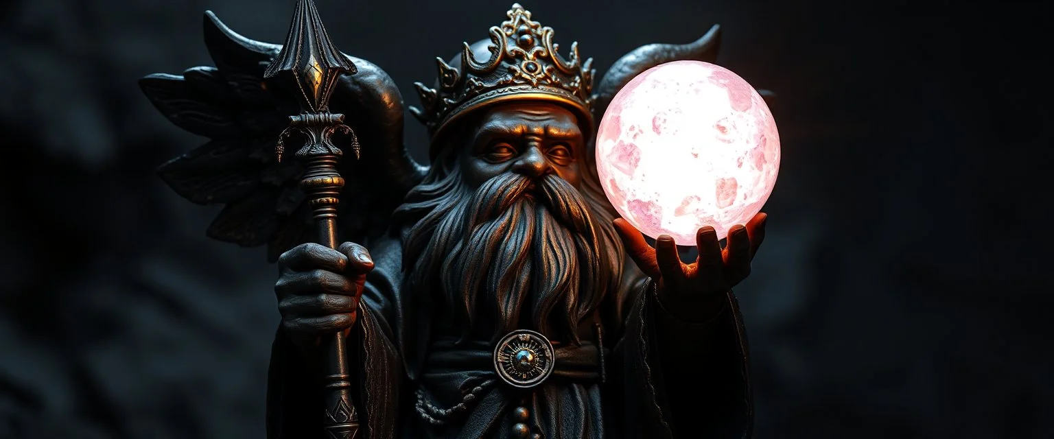 dark dwarf angel sceptre mining expert expert holding up a radiant Painite crystal rosette ball