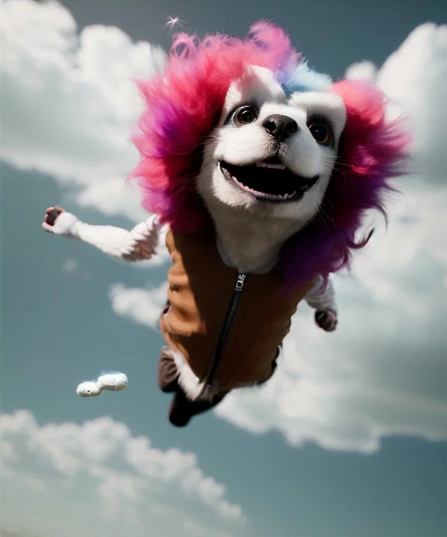 Ultra realistic speed clouds sky scene, wide angle view, strong men falling down with many Childs, circus clothing style, feather color clothing, free jumping flying, many trinkets, hair monster, many jelly beans, balls, color smoke, smile, happy, extreme, wind, clouds sea, 20,000 feet altitude, stratosphere, soft color, highly detailed, unreal engine 5, ray tracing, RTX, lumen lighting, ultra detail, volumetric lighting, 3d, finely drawn, high definition, high resolution.