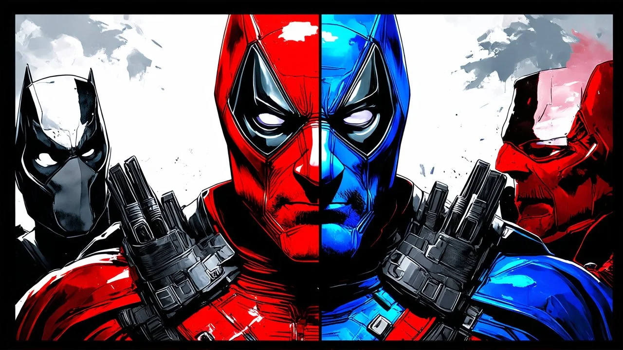 Poster in two gradations, split in half, one side "deadpool", other side "batman", midline of the face, painting by Yoji Shinkawa, tones and colours randoms, , detailed iridescent, metallic, translucent, dramatic lighting, hyper futuristic, digital art,