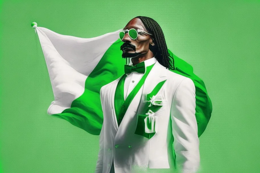 Snoop Dogg in a white tux, green flag with white star