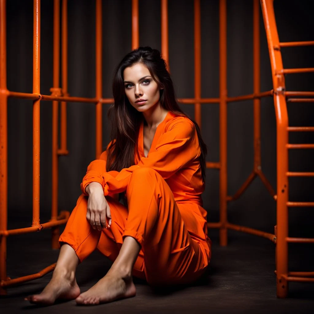 Beautiful 25 year old woman sitting wearing an orange prison jumpsuit and bare feet. dark fantasy