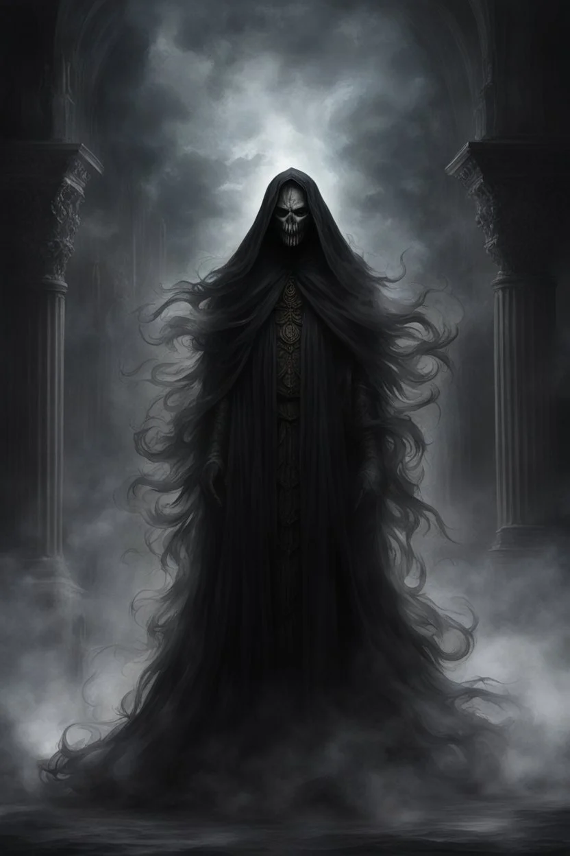 In the grim chambers of the dhampir who worships the deity of darkness, eternal night reigns. His hair, black as pitch, cascades in thick waves like smoke, shrouding his face in a veil of mystery. In his eyes, two boundless abysses reflect only darkness and enigma. The dhampir's attire resembles nightmarish visions. Black cloaks and shadowy patterns seem to weave through his garments, lending his figure the mysterious semblance of a ghost. An amulet around his neck flickers like a star in the b