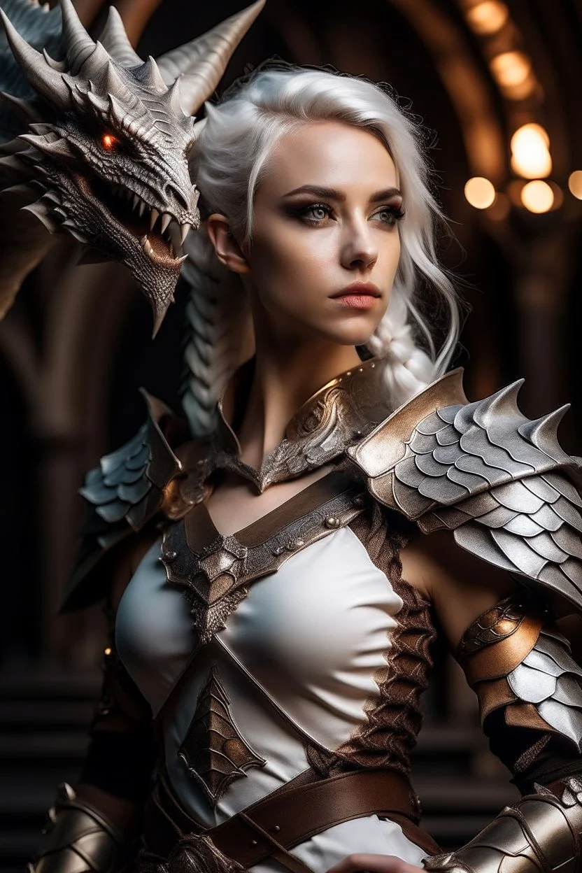 photography taken by canon eos r5, stunning fullbody d&d character art, Female half brass dragon half human. paladin. White hair, grey eyes, angular face. Put dragon scales on her face and neck and small horns, wears very look good outfit, standing, Detailed face, beautiful eyes and hair, flawless bright skin, soft makeup and draw thin eyebrows, Human-like eyes, good anatomy, Perfect white balance, Sun lighting, rim lighting uhd, (art by norman rockwell), prime photography, smooth crisp line qu