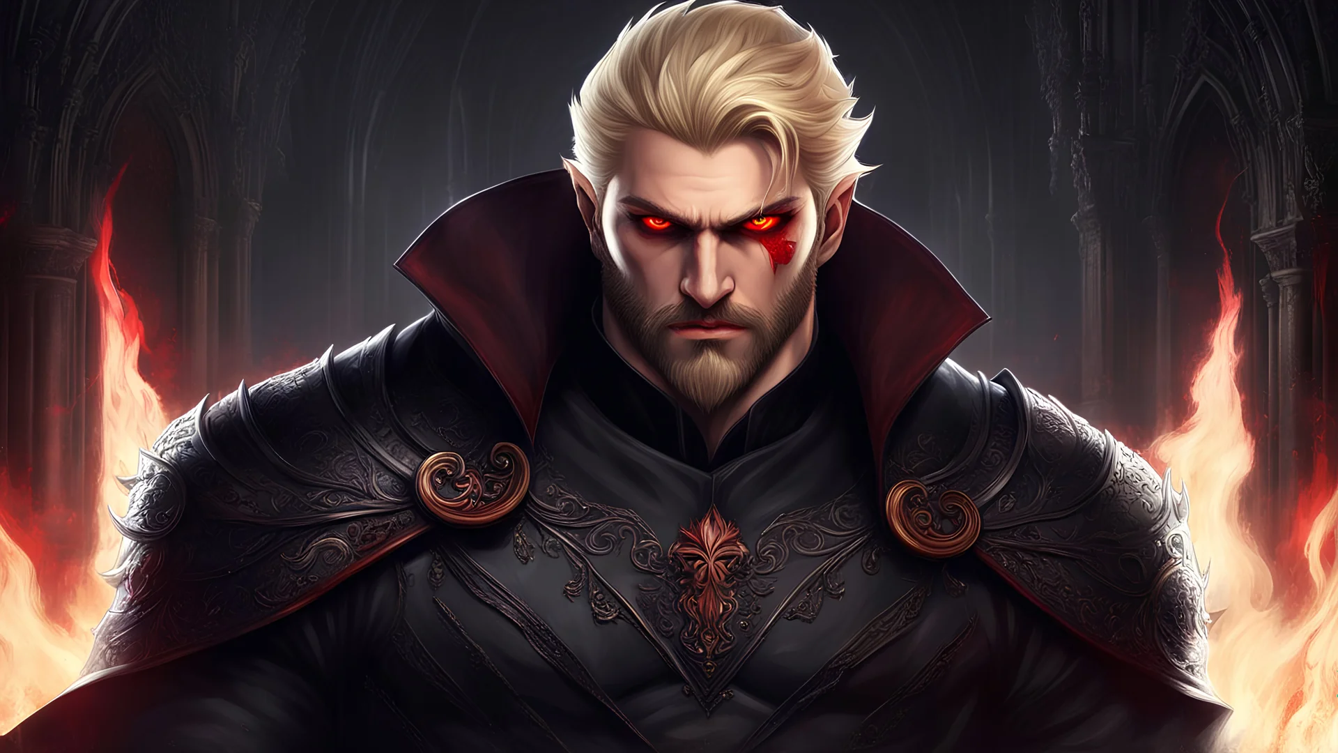 (masterpiece, best quality), stylized digital art, (1man, muscular adult welsh male:1.2), red eyes, blonde hair, beard, portrait, solo, (full body:0.6), looking down, detailed background, detailed face, (gothichorrorai, gothic theme:1.1) vampire, glowing eyes, bloodthirsty, pale skin, vampire fangs, tattered [dark:light blue:5] clothes, high collars, pendant, brooding, evil expression, supernatural abilities, red glow, bats in backgroun