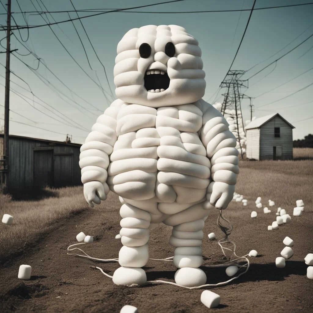 Dramatic vintage polaroid picture, hyperrealistic, movie poster for white puffy fat inflated man made out of marshmallows tangled up in powerlines near a farm in the country, Eldritch marshmallow creature with frustrated look on face screaming, sinister whimsey, oddball masterpiece, sfumato, Gallows humor, complex contrast, dynamic composition