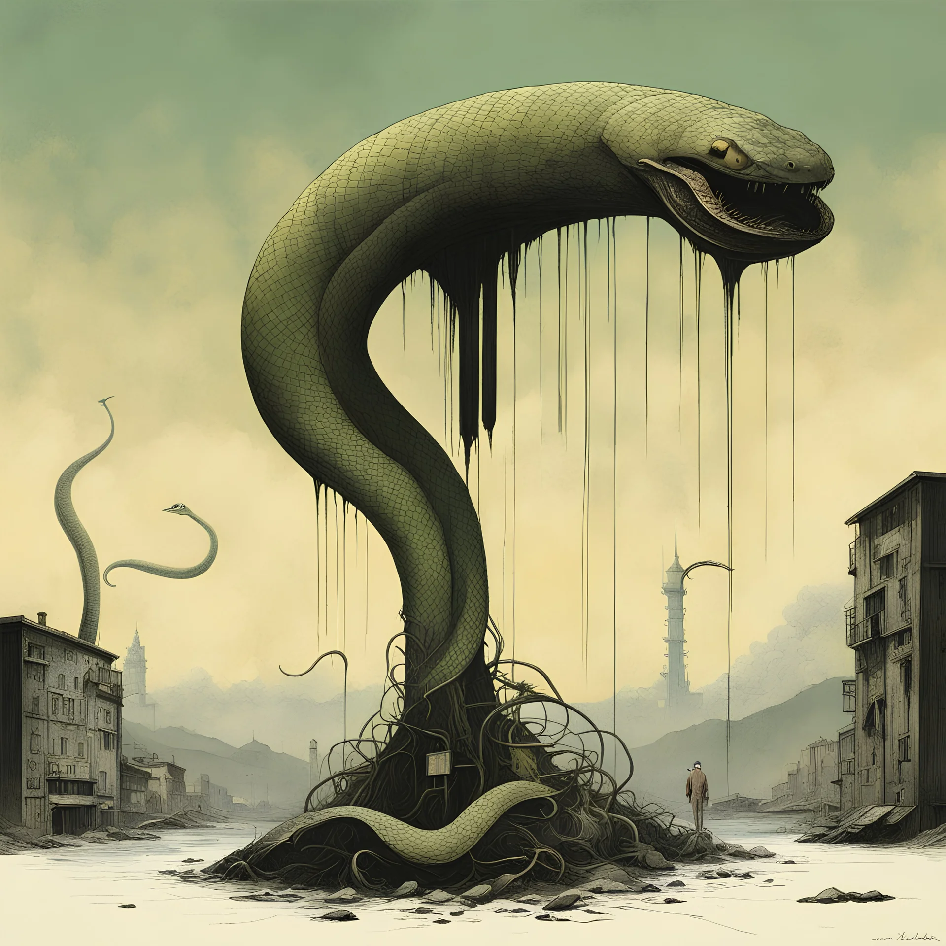 everything has a snake tail!, Surreal style by Alessandro Gottardo and Wayne Barlow and Zdzislaw Beksinski, world's fair disaster, dark shines a hole in the soul, hot colors and cold hues, eerie, neo-surrealism, creepy, concept art, unbalanced and uncentered