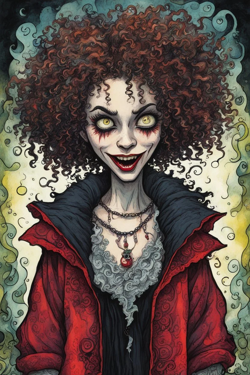 a cartoon illustration of a schizophrenic curly haired vampire girl , in the cartoon style of Lynda Barry , Ernie Pook's Comeek, vibrant natural colors, , museum quality masterpiece