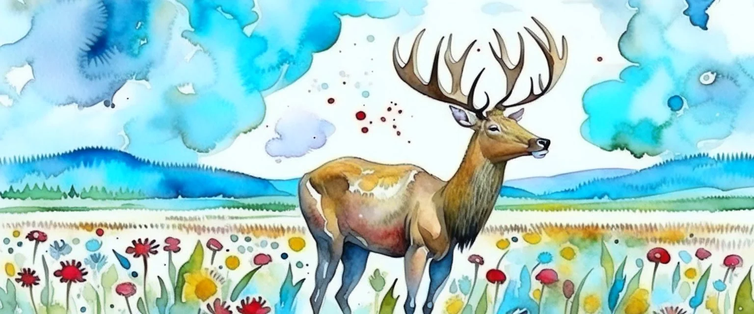 an Elk off-center in a prairie field, canola plants hinted in corners of foreground, realistic fantasy watercolor illustration,