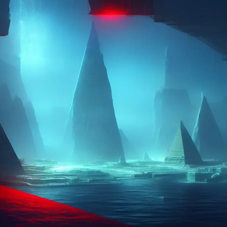 sci-fi city underwater with pyramids and ancient writings, mood is gloomy, colors include blue and red and green, shafts of lighting, mist, , photorealistic, concept art, volumetric light, cinematic