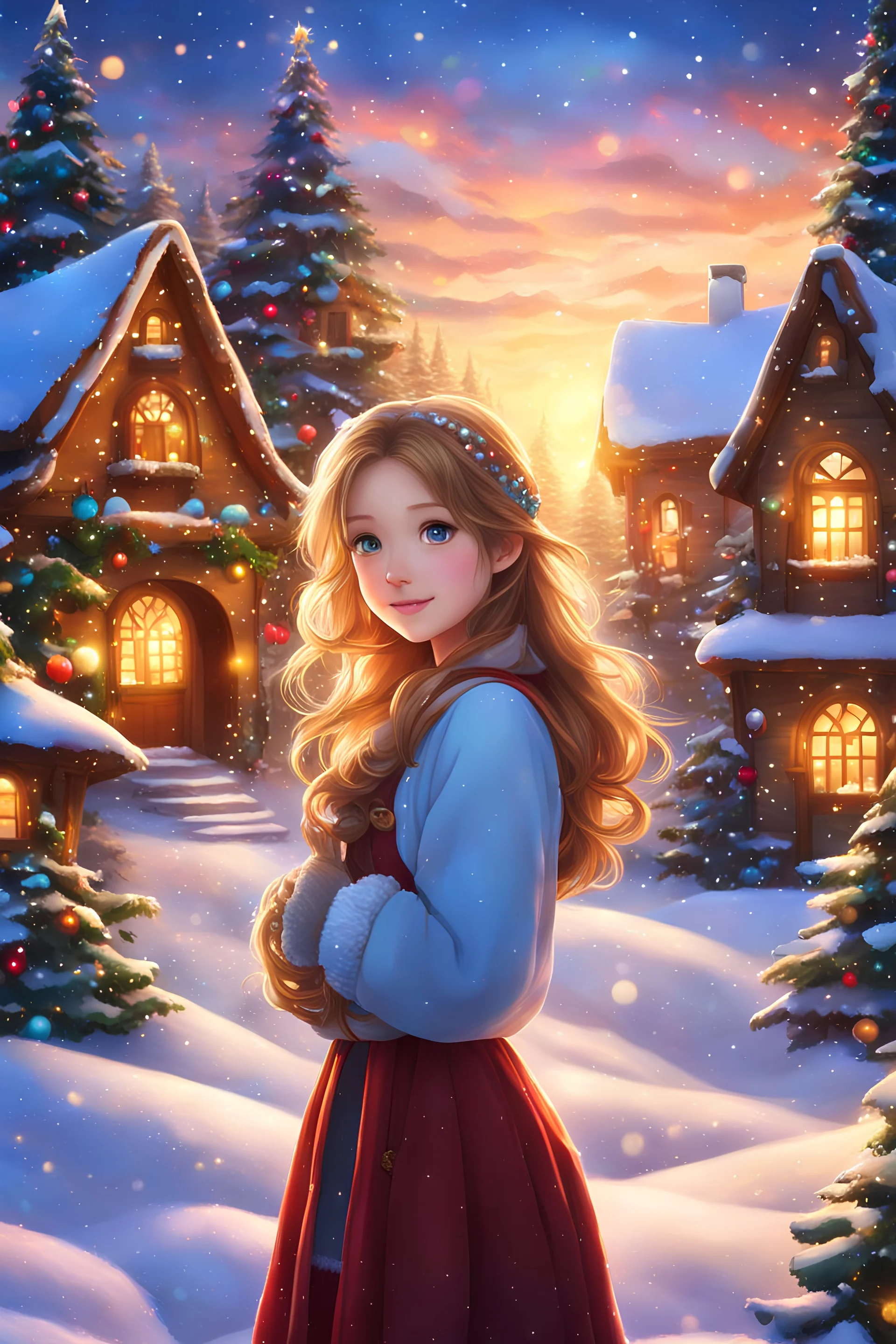 Once upon a time, in a magical Christmas village, there lived a beautiful anime girl with shiny light brown hair and lovely sparkling blue eyes, surrounded by Christmas trees and other festive decorations, cute cottages, glowing lights, and a snowy landscape. As the sunset light painted the sky with warm hues, the girl's digital painting came to life with vivid colors, creating a mesmerizing scene for all to see.