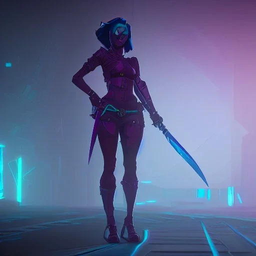 female synthwave ninja with a creepy stare, exposed belly, weilding dual swords