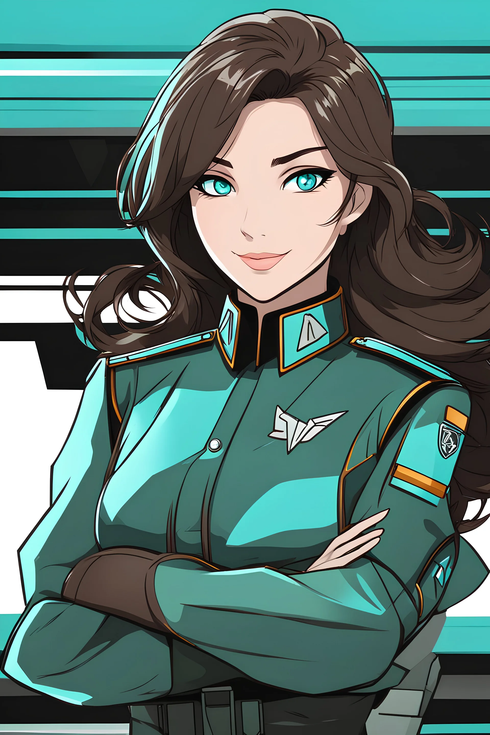 Woman dark brown and wavy hair, vivid turquoise eyes, light blue futuristic military uniform, smirking, grinning, military background, RWBY animation style